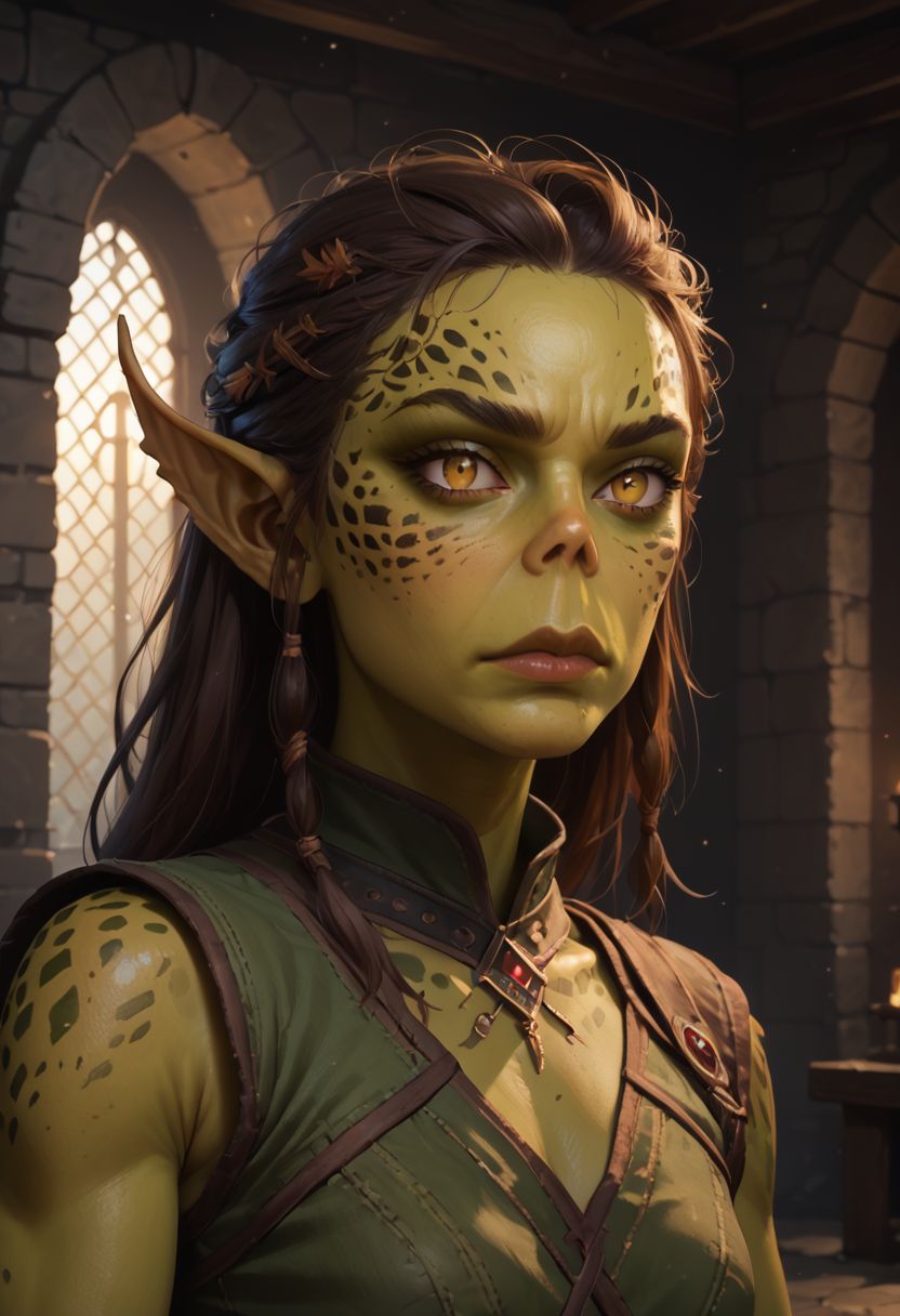 (score_9), score_8_up, score_7_up,   
1girl, Gith, pointed ears, spots on skin, flat nose, green skin,
fantasy, dungeon background, 
 <lora:PDXL Gith:1>
