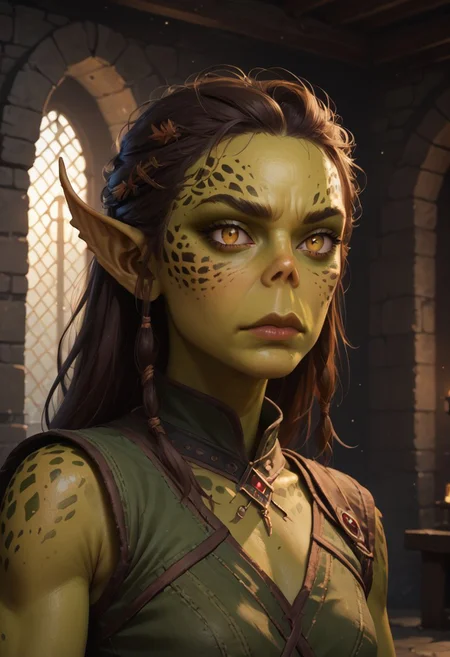(score_9), score_8_up, score_7_up,   
1girl, Gith, pointed ears, spots on skin, flat nose, green skin,
fantasy, dungeon background, 
 <lora:PDXL Gith:1>