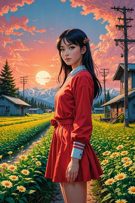 by Alena Aenami and Phil Koch in the style of Shintaro Kago and Bruce Timm