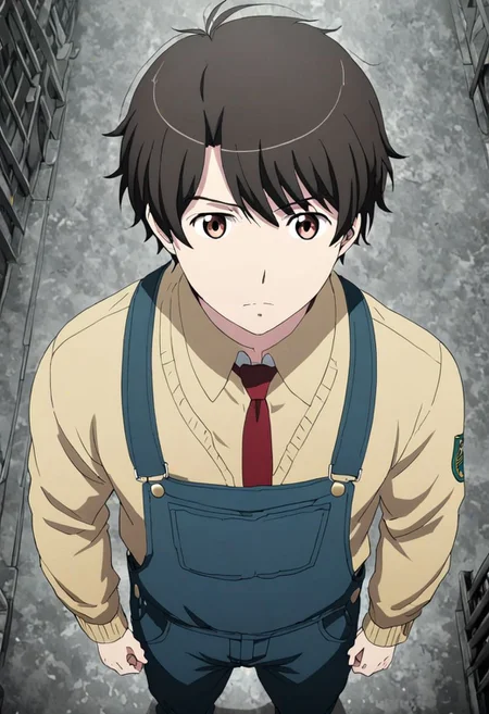high resolution, solo, best quality, 1Boy, Inaho Kaizuka, Black Hair, Brown Eyes, standing, straight facing upwards, casual, seen from above, arrogant face, dominant, intimidate, OverallDetail
