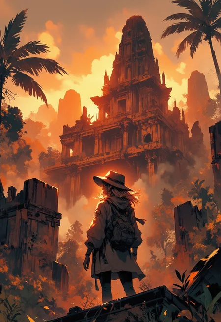 Mh1$AgThS2, intricate linework with expressive contrasts, soft lighting with dynamic highlights, image of a lost city overgrown by dense tropical jungle, with a female explorer, blonde hair, safari hat and jacket, standing looking up at an ancient damaged temple, silhouetted at sunset, sparse clouds, In the style of ff-td