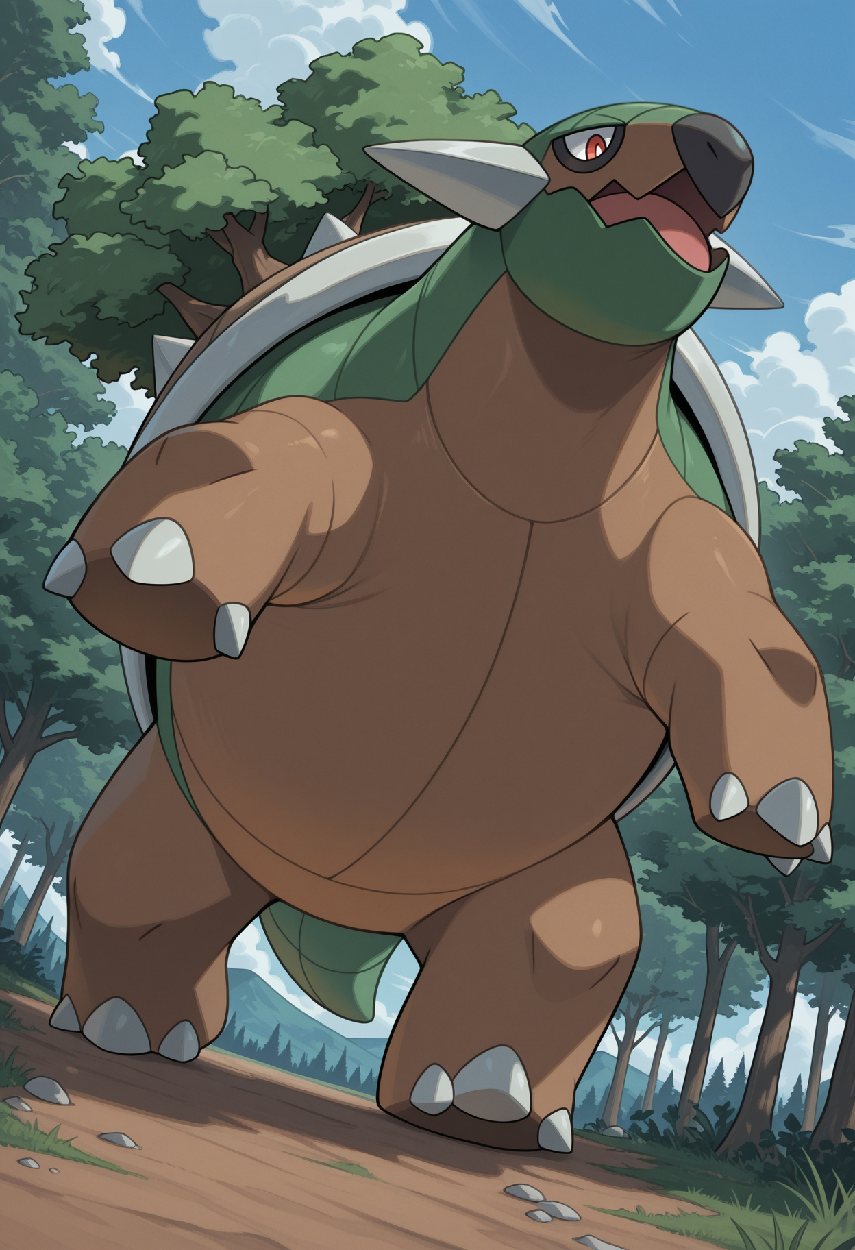 solo, torterra, pokemon \(species\), tree on shell, feral, red eyes, outdoors, forest, sunny, clouds, detailed background, outdoors, dutch angle, open mouth,
perfect anatomy, masterpiece, perfect quality, best quality, detailed, newest, very aesthetic 
 <lora:Torterra_Pokemon_V1_ILXL:0.8500000000000002> <lora:analon_IL:0.5000000000000001> <lora:or_22:0.20000000000000004>