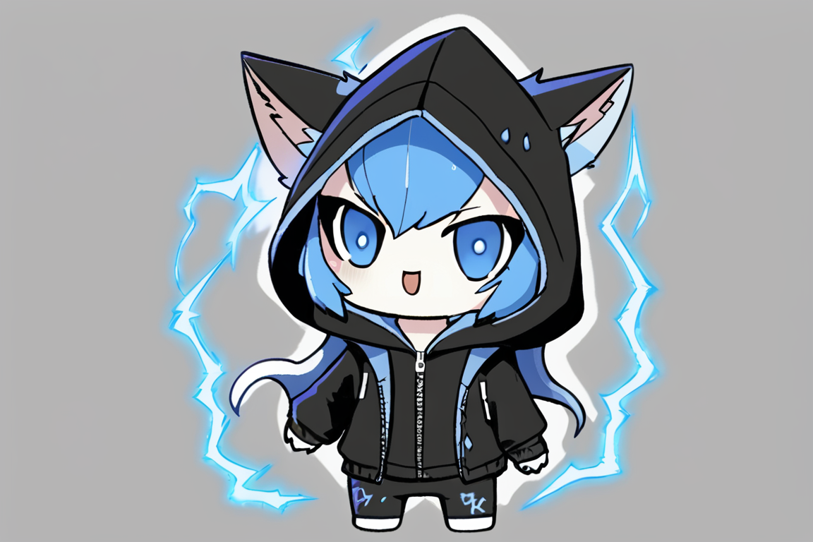 a cat, winter_clothes, black clothe, hoodie on head, high_resolution, high detail, perfect body,Monster,Xxmix_Catecat,composed of elements of thunder,thunder,electricity,chibi, <lora:chibi-XL0.2:0.9>
