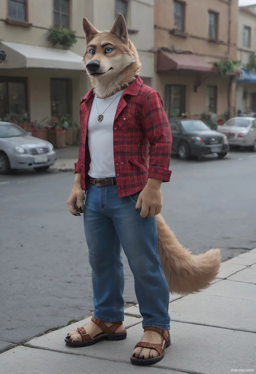 core_9, Score_8_up, Score_7_up, Score_6_up, Score_5_up, Score_4_up, detailed fur, detailed face, Larry, Wolf, Timberwolf, ice blue eyes, dark brown fur, Larry, big chin, anthro wolf, solo, clothed, close to camera,red plaid shirt long trousers,sandals plartform heels, paws claws, street, standing at the altar, groom,Groom's boutonniere.