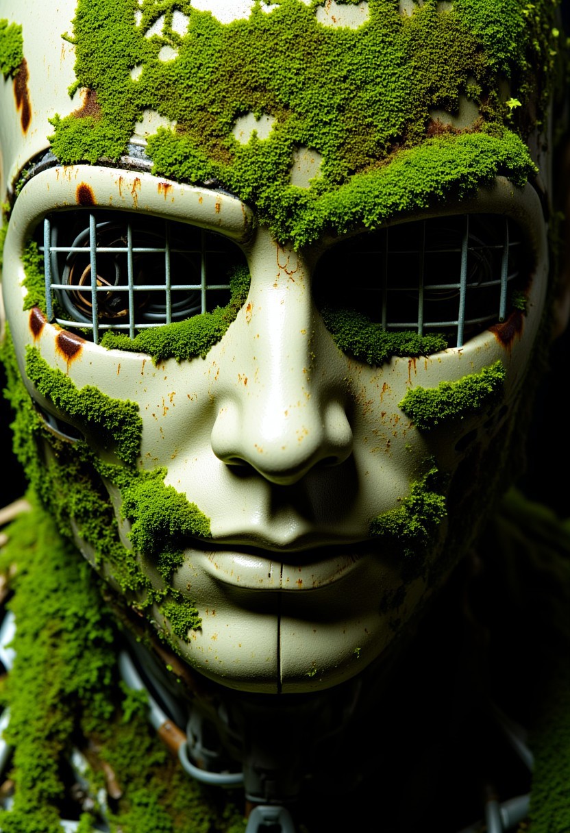 ajweathbo. The image is a high-resolution close-up photograph of the head of a humanoid figure, blending plant material and robotic parts. The figure's head is partially covered with vibrant green moss, which is lush, textured, and weathered, with various shades of green and hints of brown, creating a natural, aged appearance. The moss grows in intricate patterns across the face and along the metallic parts, with visible patches of wear and decay, adding a sense of time and exposure.
The humanoid's head is partially shielded by a white, metallic visor or mask, featuring a grid pattern, though the moss creeps up from beneath, giving the impression of nature overtaking technology. The metallic surface of the visor is slightly tarnished, with scratches and scuffs, contributing to the weathered aesthetic. The robotic components are visible around the edges, with exposed wires and subtle rust marks, further enhancing the contrast between the organic and artificial elements.
The overall composition emphasizes the details of the moss-covered head, showing the fine textures of the plant material against the aging, metallic surface, evoking a feeling of both nature’s resilience and the passage of time.