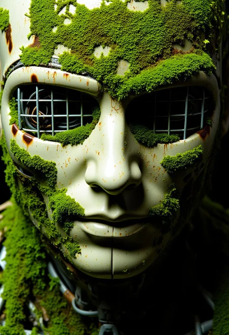 ajweathbo. The image is a high-resolution close-up photograph of the head of a humanoid figure, blending plant material and robotic parts. The figure's head is partially covered with vibrant green moss, which is lush, textured, and weathered, with various shades of green and hints of brown, creating a natural, aged appearance. The moss grows in intricate patterns across the face and along the metallic parts, with visible patches of wear and decay, adding a sense of time and exposure.
The humanoid's head is partially shielded by a white, metallic visor or mask, featuring a grid pattern, though the moss creeps up from beneath, giving the impression of nature overtaking technology. The metallic surface of the visor is slightly tarnished, with scratches and scuffs, contributing to the weathered aesthetic. The robotic components are visible around the edges, with exposed wires and subtle rust marks, further enhancing the contrast between the organic and artificial elements.
The overall composition emphasizes the details of the moss-covered head, showing the fine textures of the plant material against the aging, metallic surface, evoking a feeling of both nature’s resilience and the passage of time.
