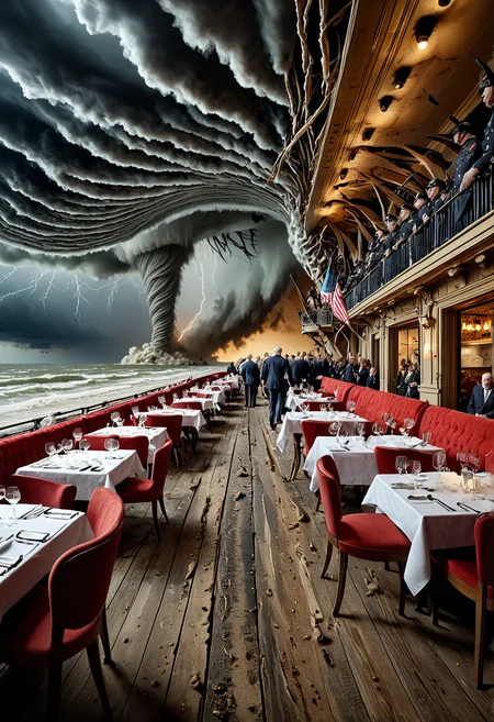 World leaders commemorate D-Day anniversary. Tornadoes sweep through Maryland. Worlds best restaurant revealed.sharp focus, studio photo, intricate details, hypermaximalist, alluring, cinemascope, dynamic lighting <lora:luxart:0.8> <lora:detailed_notrigger:0.7> <lora:cp568fte878c73bpt9t0:0.123> horror