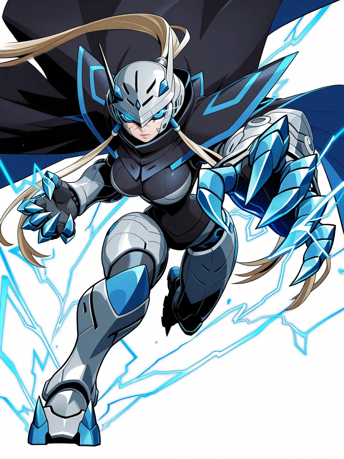 masterpiece, best quality, amazing quality, very aesthetic, absurdres, official art, BREAK
solo, mature female,
<lora:Warforged:0.8> Warforged, metal body, robot, 1girl, blue eyes, silver metal, white background,
<lora:Blade:0.8> g.v.blade, see-through helmet, headgear, scar on face, bangs, cape, glowing blue gauntlets, armor, mechanical legs, glowing claws, lightning, lips, nose, metal skin, metal jaw, running towards viewer, foreshortening, narrow waist, robot joints, robot ears, glowing eyes,
<lora:Blazblue:0.8> blazbluecrosstabbattlecgil