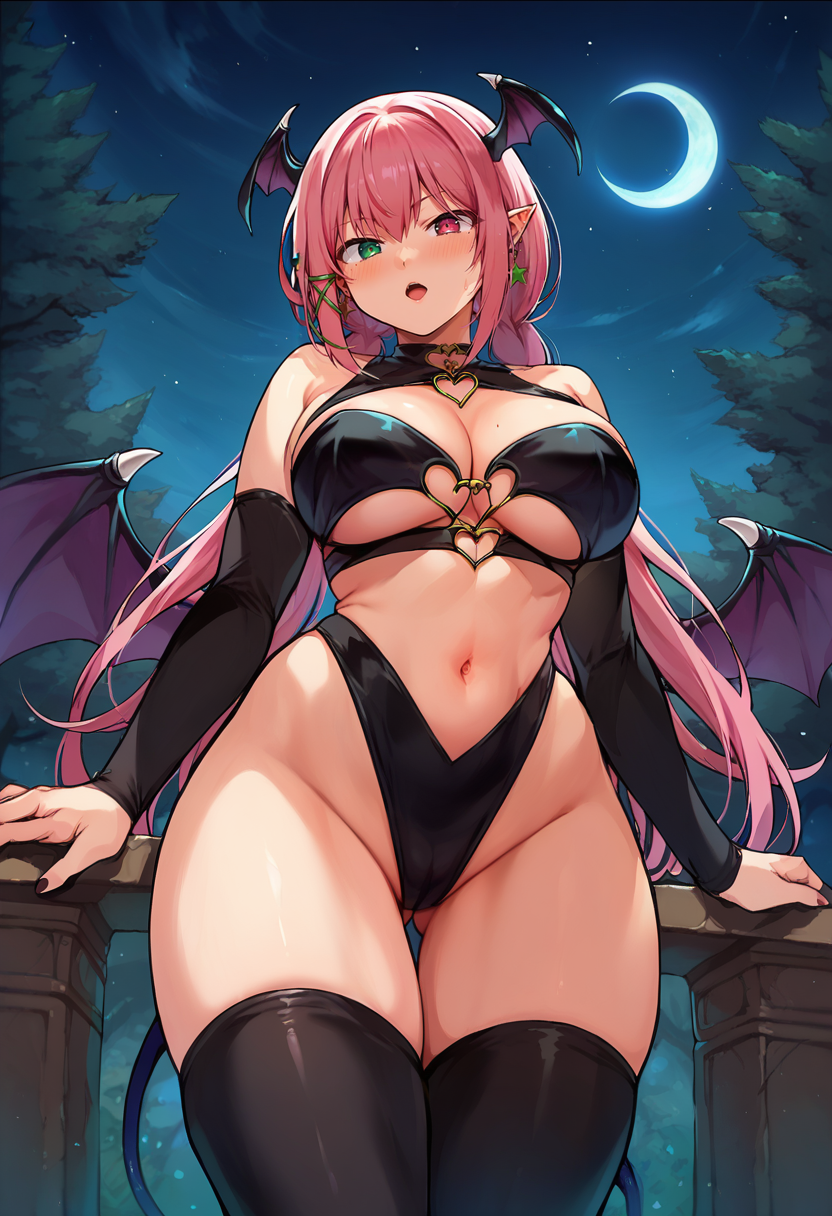 score_9, score_7_up, 1girl, green eyes, heterochromia, blue eyes, pink hair, succubus, succubus outfit, black outfit, big breasts, thick thighs, wide hips, outdoors, starry sky,<lora:konbu_wakame-Style-PonyXL-Dora-000039:1>