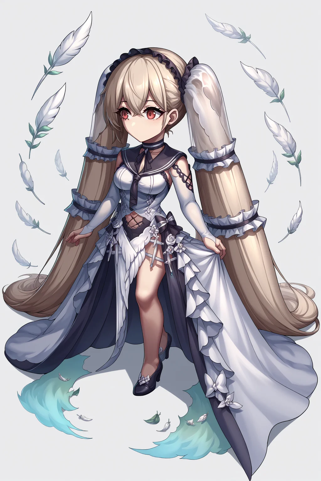 score_9, score_8_up, score_7_up, , rating_general,1girl ,fmisl, absurdly long hair, twintail veil, headdress, hair tube, sailor collar, serafuku, white feather dress, black bow, white rose, bridal gauntlets, navel cutout, long white frilled skirt, high heels, dynamic angle , source_anime, <lora:FormidablePDCAMEv4 AL:1>, <lora:BraveFrontierPDCAME PixelArt:1>, pixel art, 2d, full portrait, simple background, white background, chibi, no mouth