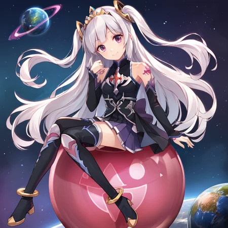 score_9, score_8_up, score_7_up, source anime, BREAK, sitting, sitting on orb, <lora:Ivris:0.7> , ivdef, 1girl, long hair, very long hair, white hair, two side up, sidelocks, purple eyes, tiara, hair ornament, fake animal ears, bare shoulders, shoulder tattoo, sleeveless dress, halterneck, long dress, black dress, high-low skirt, purple skirt, pleated skirt, skirt under dress, detached sleeves, black sleeves, sleeves past wrists, anklet, thighhighs, black thighhighs, boots, looking at viewer, night, (space), floating, <lora:backgroundsetXL:0.2> , background, (solo), smile, head tilt, <lora:hand 4:0.4> , Hand, hands, perfect hands, <lora:0ut3rsp4c3XLP:0.3> , 0ut3rsp4c3, star (sky), planet,