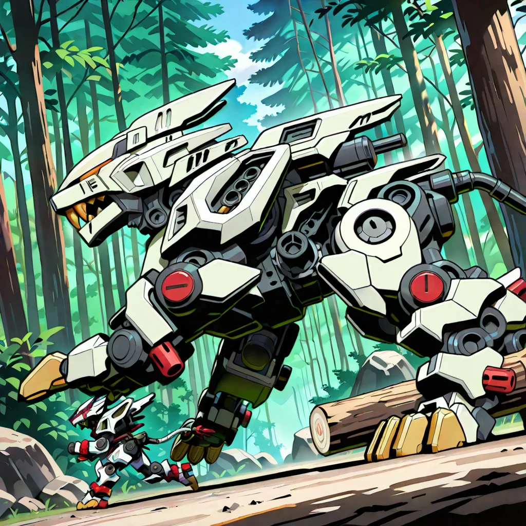 (masterpiece, best quality, amazing quality, very aesthetic, absurdres, newest,),
(<lora:Liger_Zero:1>,liger zero, robot,feral,mecha),running, from side,
Forest,trees,log,rock,