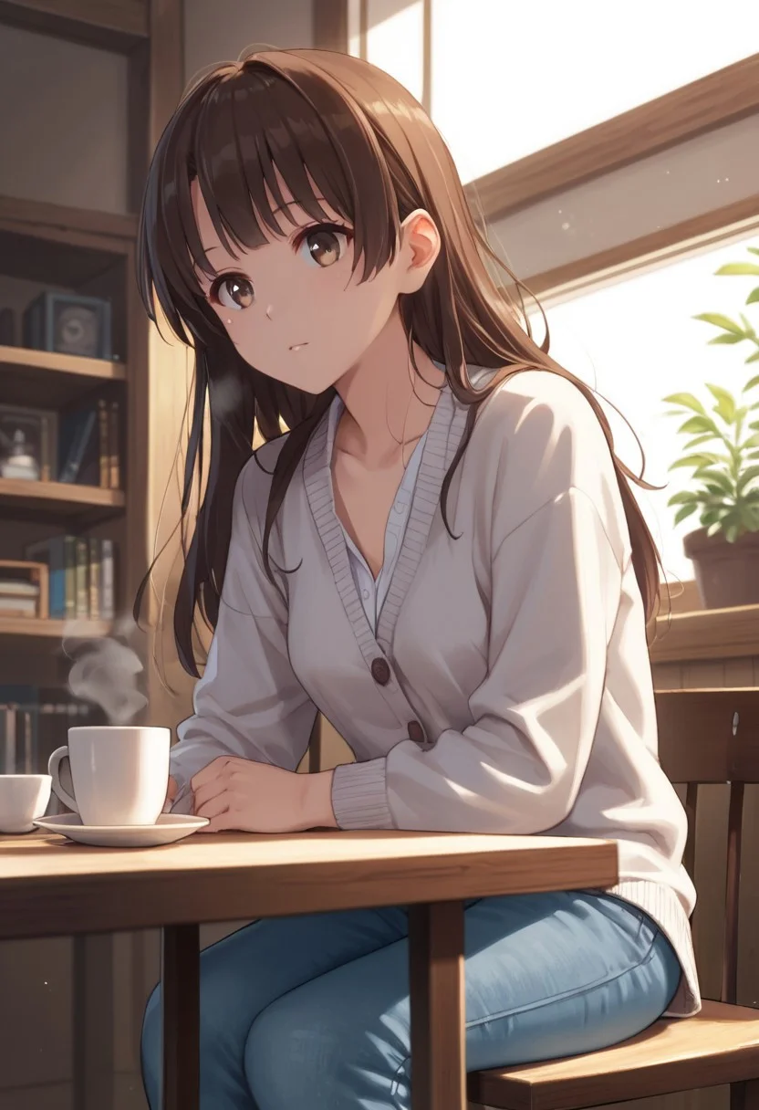 safe_pos, safe_pos, score_9, score_8_up, score_8, score_7_up, source_anime,
1girl, katou megumi, Megumi <lora:KatoMegumi:1>,brown hair,katou megumi,brown eyes, medium breasts , long hair, masterpiece, best quality, café theme, cozy indoor setting, sitting by a window with soft sunlight streaming in, wearing a casual cardigan over a pastel blouse, light blue jeans, holding a steaming coffee cup with both hands, a small plate with a half-eaten croissant on the table, bookshelf and potted plants in the background, warm and inviting expression, golden hour lighting, soft shadows, relaxed and homely atmosphere, mid-angle perspective, (fingers fix)