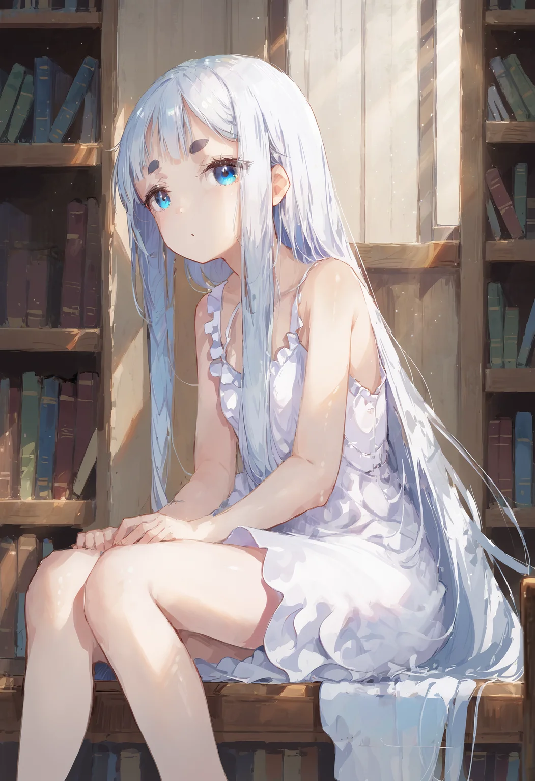 score_9, score_8_up, score_7_up, 1girl, sitting, indoors, white dress, very long hair, thick eyebrows, sunlight, bangs, bookshelf
<lora:style_dino:1>