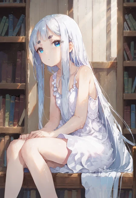 score_9, score_8_up, score_7_up, 1girl, sitting, indoors, white dress, very long hair, thick eyebrows, sunlight, bangs, bookshelf
<lora:style_dino:1>