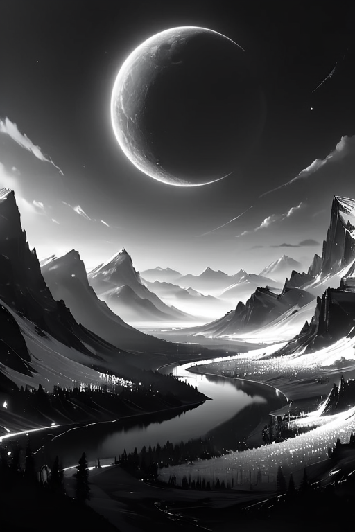 Silhouette style (((Ultra-detailed, 8k, highres, masterpiece)))(((epic-Ultra-HD-details, epic-Ultra-HD-highlights, epic-photo-same-realistic, upscaled-resolution, optimal)))a beautiful serenemagical landscape,<lora:ral-czmcrnbw:0.8>,ral-czmcrnbw,<lora:cs-cr1stal-v2:0.8>,cs-cr1stal-v2,<lora:More_interesting_backgrounds:0.8>,IBG,<lora:more_details:1>,<lora:SyFyEye1_v2.0:0.8>,SyFyEye1, . High contrast, minimalistic, black and white, stark, dramatic