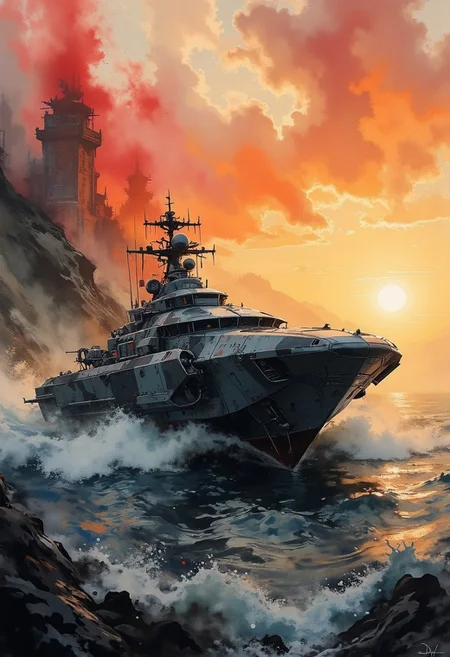 a_skynet_cyberdyne_craft, the image is featuring a, A dinkfsn style ink wash painting, intricate linework with expressive contrasts, gradient vibrant neon colour, rough, textural, broad brush strokes, a sleek military hovercraft in camouflage greys and blacks traversing rapidly across a choppy ocean, sunset,
