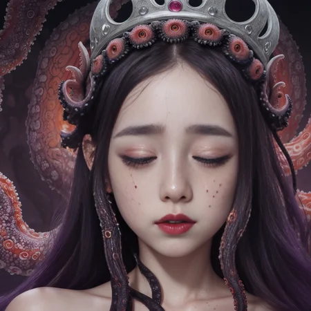 japanese line art , High detail, high definition, and highly detailed masterpiece. Double exposure of ( 1 young girl eyes closed with black freckles all over her body, crown made of eyes, getting fucked by octopus) and (purple red and green tentacles). Mystical, luminist atmosphere. In the style of takato yamamoto, red full moon on background , <lora:takma2:1.2>