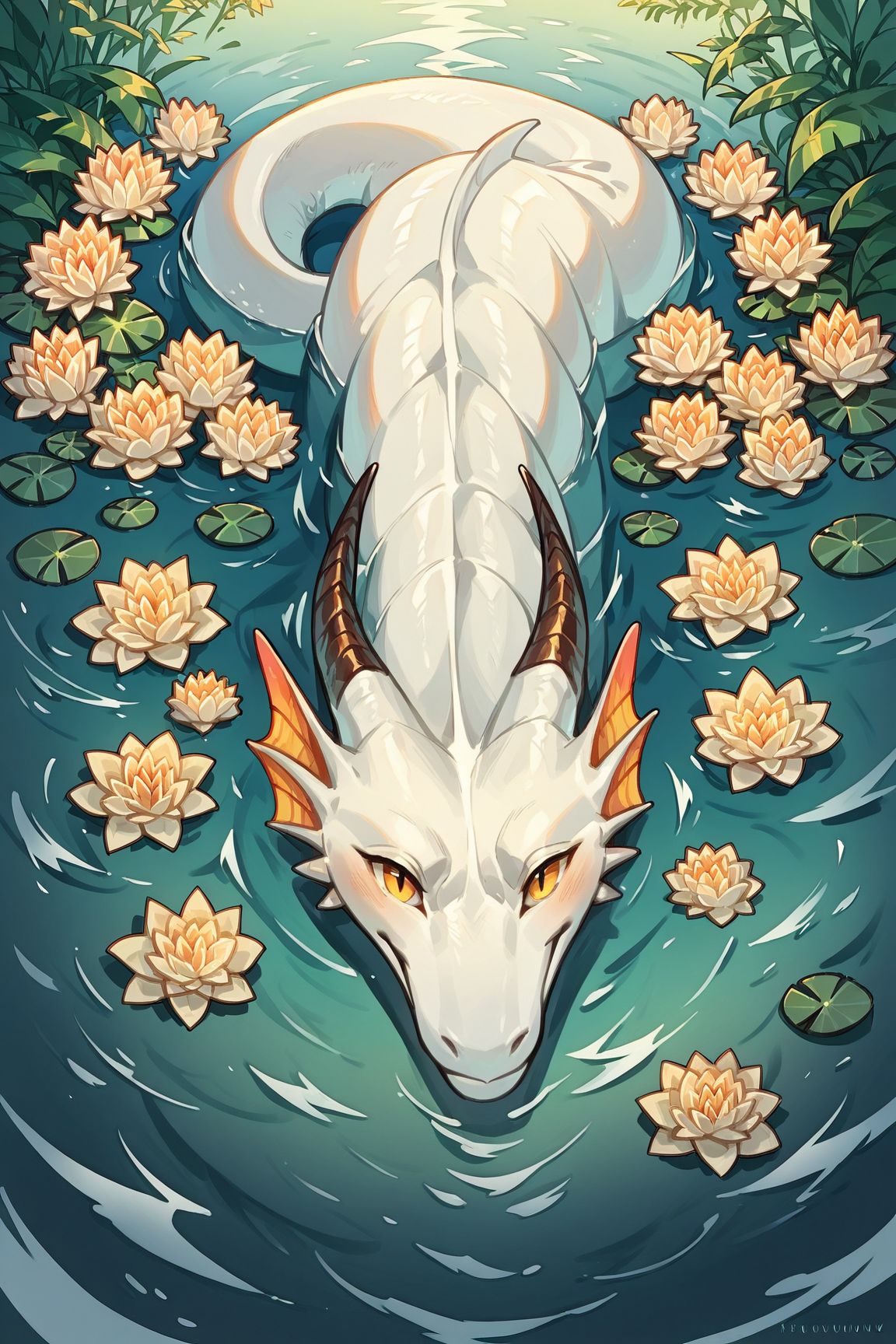 score_9, score_8_up, score_7_up, score_6_up, score_5_up, score_4_up, white dragon coming out of pond, looking at viewer, intricate details, <lora:yum4rtXLP:0.7> yum4rt, plants, water, flowers
