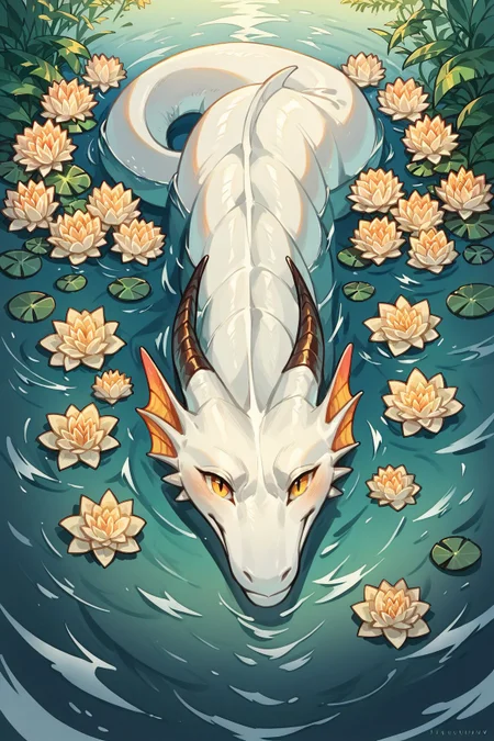 score_9, score_8_up, score_7_up, score_6_up, score_5_up, score_4_up, white dragon coming out of pond, looking at viewer, intricate details, <lora:yum4rtXLP:0.7> yum4rt, plants, water, flowers