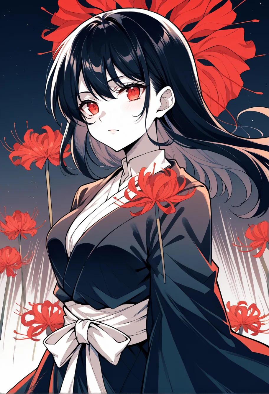 score_9, score_7_up, source_anime, BREAK <lora:Spiderlily:0.8> spider lily,
black kimono, black hair, red eyes, 1girl, medium breasts, limited palette,