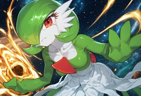 score_9, score_8_up, score_7_up, score_6_up, (lhata4564),
digital artwork, highly detailed, sharp focus,
1girl, Gardevoir, pokemon (creature), solo,
white skin, short hair, red eyes, white dress, red crest on chest, green sleeves, shiny,
crying, intense expression, snarling,
black hole, black hole in hand, holding black hole, combat stance,
looking at viewer,
(space) detailed background, space background, black hole in the background,