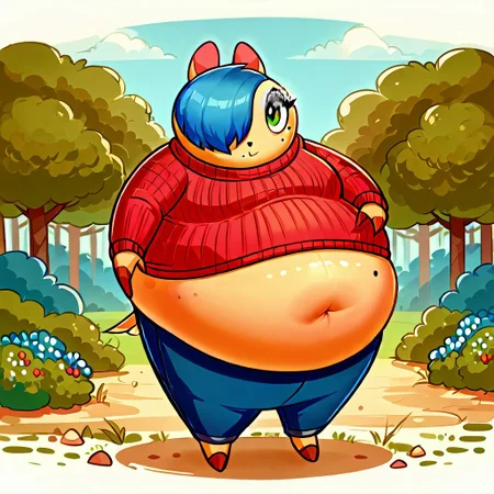 score_9, score_8_up, score_7_up, Shebbs, Maydine, Blue Hair, Hair Covering one eye, Red Sweater, Pants, Makeup, beauty mark, outside, Belly