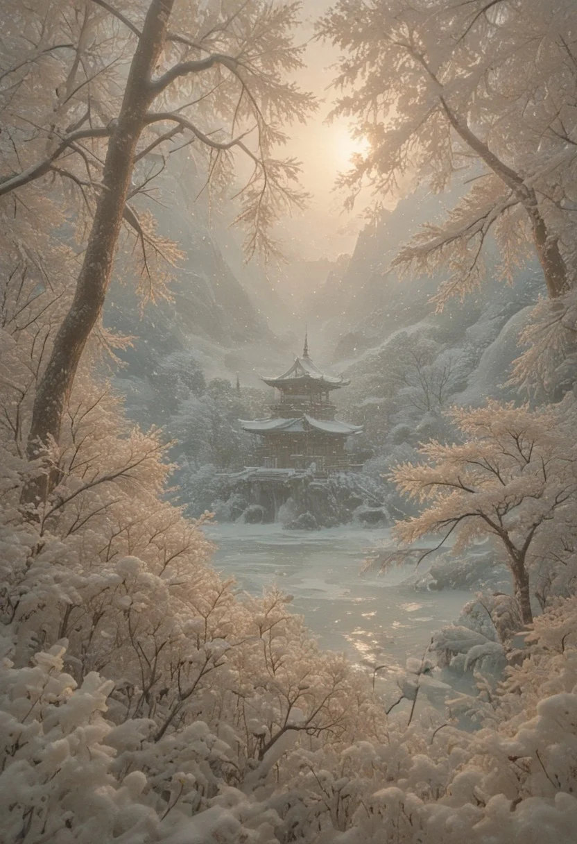 psychodelic scenic japan night landscape, novuschroma73 style, sakura garden, (((winter))), snow, frost, frozen, ice, mountains, lake, perfect composition, sunlight, golden hour, haze, low angle, masterpiece, award winning,, ultra detailed, highly detailed, 8k, uhd, Style-Japan, vivid colours, luminous