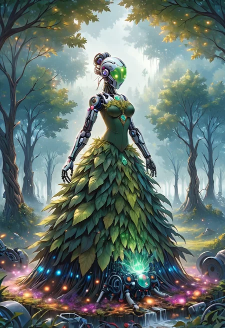 High res, Hyper details, dvr-hgh-fnt, background blooming Forest, 
BREAK,
1girl, Forest nymph with a robotic arm, hairs leaves texture, curvy body, dress made of leaves, hexagon emerald gem, cyborg,
BREAK,
white mechanical bull, moss on back, girl rides animal