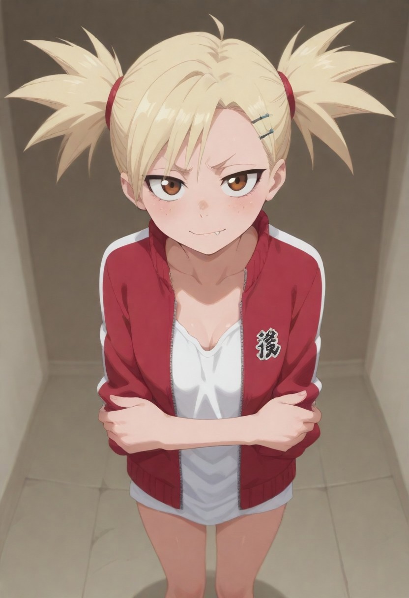 masterpiece, amazing quality, best quality, 8K, illustration,ultra-detailed, amazing quality, newest,,,, sarugaki hiyori, blonde hair, short twintails, brown eyes, freckles, hairclip, fang, red track jacket, open clothes, white shirt, <lora:HiyoriSarugakiNoobXL_byKonan:1>Cleavage