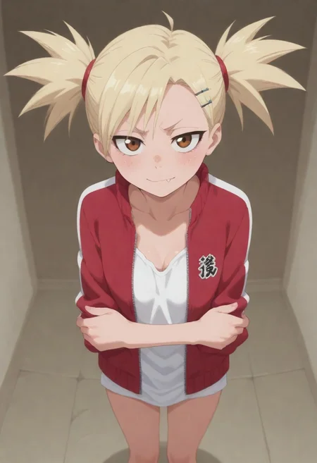 masterpiece, amazing quality, best quality, 8K, illustration,ultra-detailed, amazing quality, newest,,,, sarugaki hiyori, blonde hair, short twintails, brown eyes, freckles, hairclip, fang, red track jacket, open clothes, white shirt, <lora:HiyoriSarugakiNoobXL_byKonan:1>Cleavage
