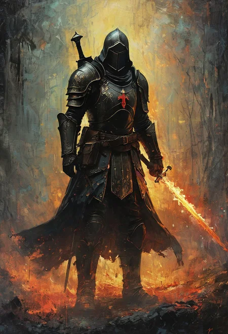 Black templar knight, for honour, victorious, Black on both sides, <lora:Lost_In_Dreams:0.6>, <lora:RMSDXL_Creative:0.8>, Volumetric lighting, <lora:Dreamyvibes artstyle SDXL - Trigger with dreamyvibes artstyle:0.7> Dreamyvibes Artstyle