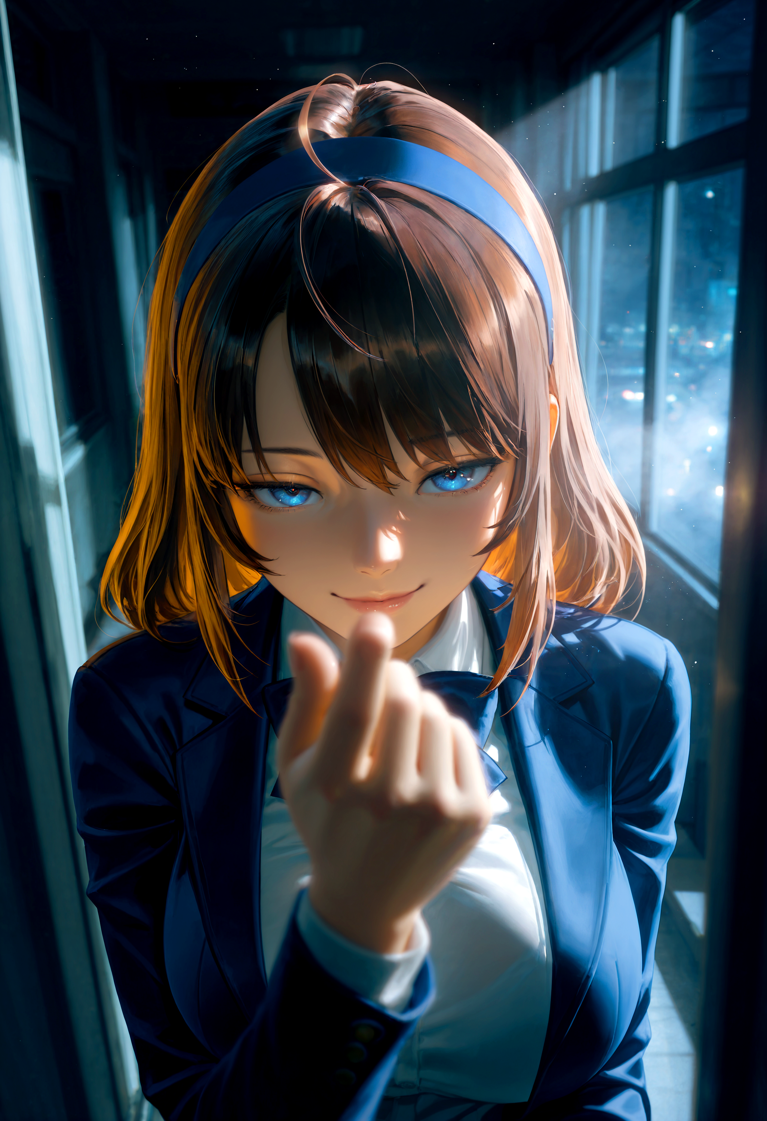 HDR, 8K, high contrast, masterpiece, best quality, amazing quality, very aesthetic, superabsurd res, high resolution, ultra-detailed, absurdres, newest, scenery, (horikoshi kouhei:0.3), (quasarcake:0.3), (wlop:0.3), light rays, chiaroscuro, dynamic angle, breast focus, portrait, from above, close up, 1girl, tm_cathrine, blue eyes, medium hair, long hair, brown hair, bangs, ahoge, large breasts, school uniform, blue blazer, open jacket, long sleeves, blue hairband, seductive pose, bedroom eyes, half closed eyes, seductive smile, beckoning, looking at viewer, inside, school, cyberpunk, window, godrays, dark, night, stardust, fog, backlighting, partially illuminated, Intricately designed, Mysterious Shadows, BREAK, photorealistic, beautiful detailed eyes, detailed skin, detailed hair, volumetric lighting, dappled light, light particles, dramatic shadows, cinematic lighting, photo background, depth of field, <lora:ponyxl\cfg_scale_boost:0.8> <lora:IL\KMS_TM_Cathrine_IL-000009:0.8>