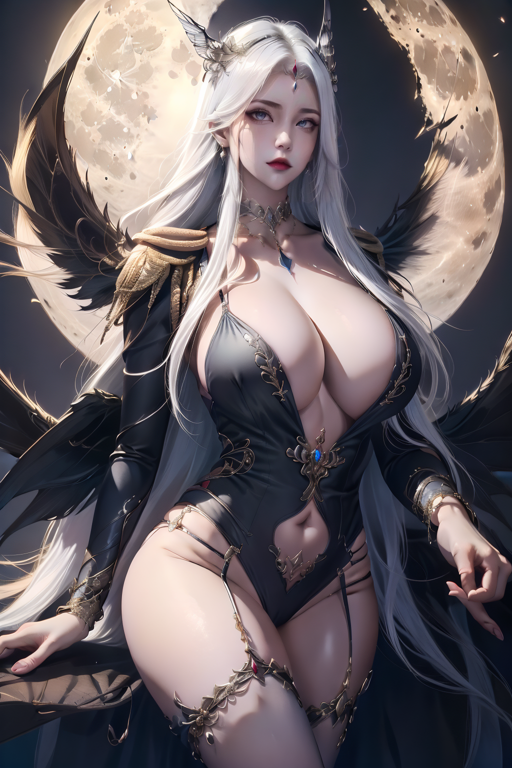 1girl, moon, wings, feathered_wings, full_moon, breasts, angel_wings, black_wings, jewelry, solo, angel, red_moon, white_wings, single_wing, long_hair, cleavage, spread_wings,<lora:MIAOKA_Bosaixi:1>bsx
