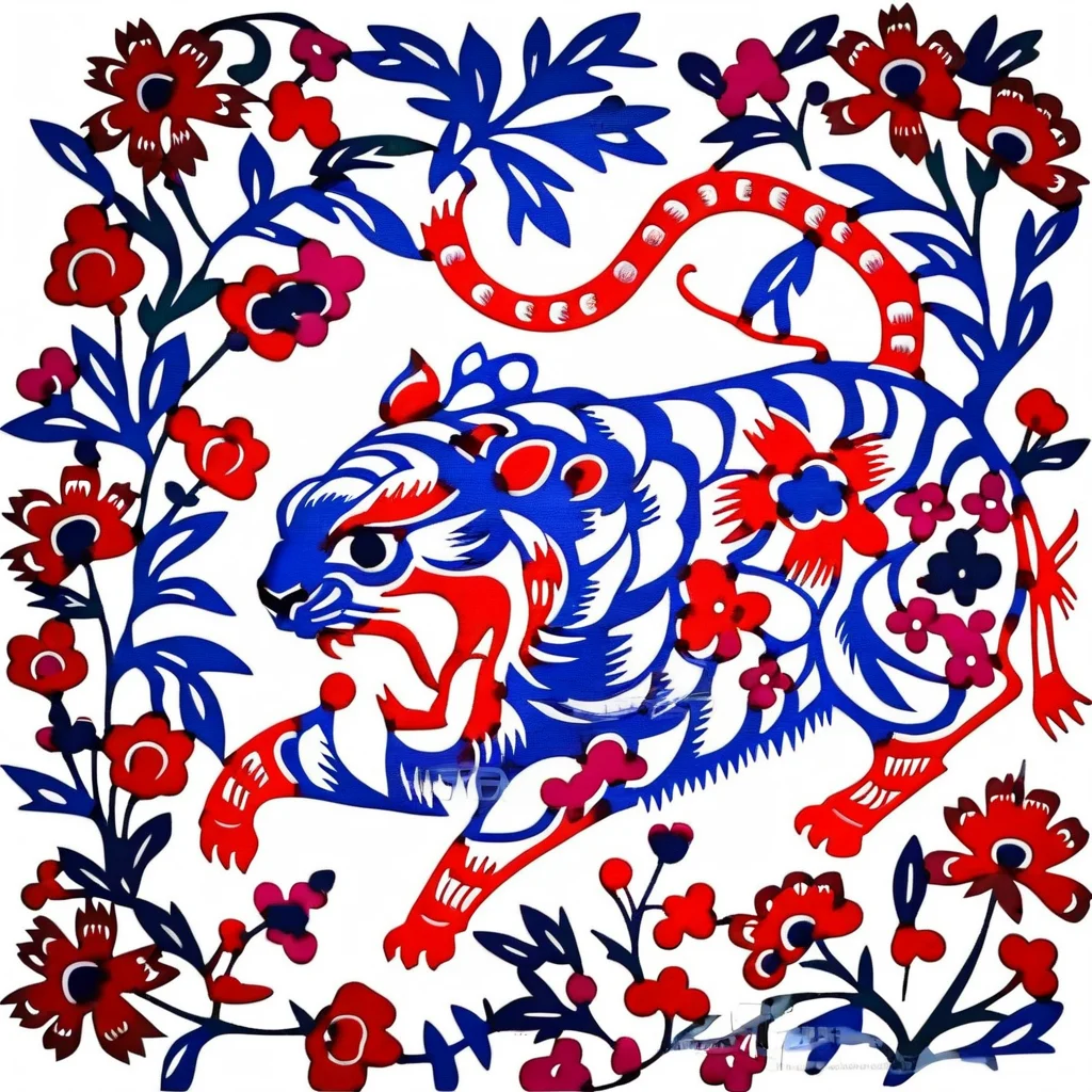 an image of blue and red tiger,trees,flowers, solid (white+++)  background,SP_CN_PPC,colorful paper cutting<lora:0204_paper_cutting-checkpoint-5000:1.0>