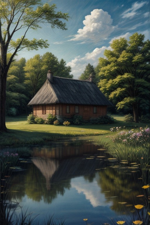 Oil painting of a cottage near a pond, spring time.