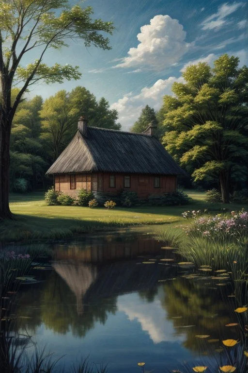 Oil painting of a cottage near a pond, spring time.