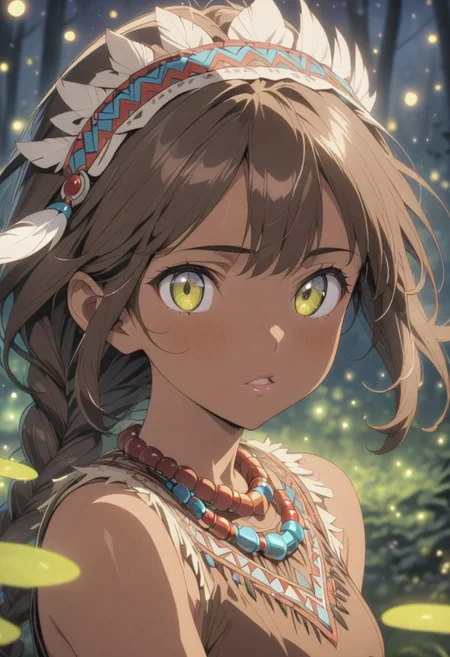 gorgeous lips, (masterpiece), (best quality), (ultra-detailed), very aesthetic, illustration, perfect composition, intricate details, absurdres, detailed face, (anime, masterpiece, intricate:1.3), (best quality, hires textures, high detail:1.2), (4k),(incredibly detailed:1.4) 
(((Best quality))), (((Ultra detailed))), ((((vivid)))), landscape, Portrait, focus on girl, slightly blurred background, (((fireflies, particles))), (fireflies lighting:1.4) (((dark forest at night, white trees))), trees cover background, trees cover sky,( Night, night time:1.5), <lora:more_details:0.5>, 1girl, Brown Skin, Native American,tan skin, wearing a brown deerskin dress, long brown braided hair, beaded necklace, feather headdress, brown rope bracelet