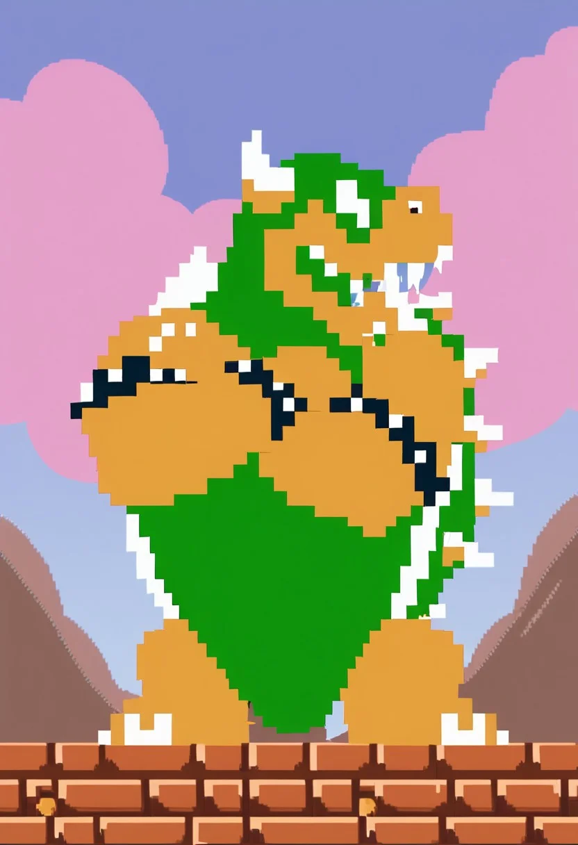 safe_pos, B_SMB1, Expressiveh, score_9, score_8_up, score_7_up, score_6_up, score_5_up, score_4_up, source_furry, hi res, sfw, 2D, pixel art, 8bit, dark green lineart.
solo, 1boy, animal focus, no humans, Bowser, koopa, turtle, scalie, muscular, slightly chubby, bulky, green shell, claws, spikes, horns, orange snout, orange mouth, orange body, green body, green eyes, snout, spiked bracelet, full body,
standing, looking at viewer, crossed arms, sky, clouds, mountains, chubby.