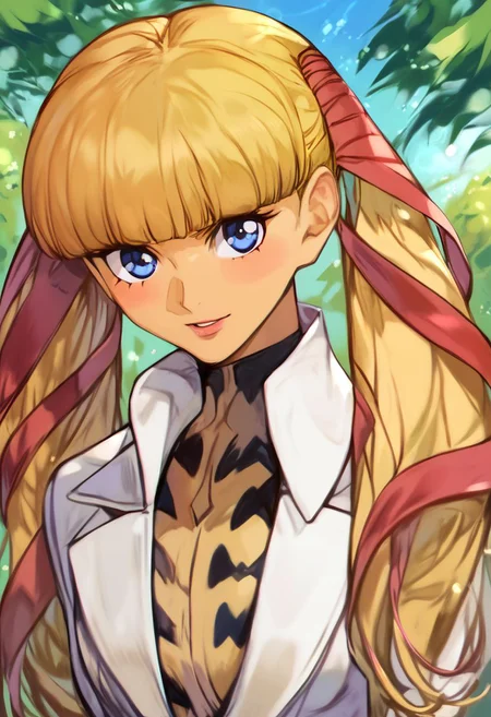 score_9, score_8_up, score_7_up, score_6_up, score_5_up, score_4_up, rating_questionable, , source_anime, digital illustration, pixiv, fanbox, uncensored, , BREAK, official art, 1girl, solo,mature female, monica kruszewski, blonde hair, blue eyes, hair ribbon, medium breasts, twintails, ribbon, shirt, collared shirt, pants, checkered clothes, shirt tucked in, outdoors, blush, cowboy shot, looking at viewer, <lora:Monica_Kruszewski_Pony-000009:1>, ng_deepnegative_v1_75t, easynegative, OverallDetail