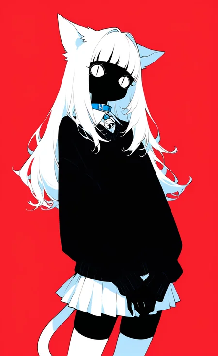 masterpiece, best quality, good quality, very awa, very aesthetic, absurdres, newest, 1girl, <|> <|>, animal ears, bell, black skin, black sweater, blending, blunt bangs, cat ears, cat girl, cat tail, collar, collared shirt, colored skin, cowboy shot, hair intakes, jingle bell, limited palette, long hair, long sleeves, looking at viewer, miniskirt, neck bell, no mouth, own hands together, partially colored, pleated skirt, red background, shirt, simple background, skirt, sleeves past wrists, slit pupils, solo, standing, sweater, tail, thighhighs, white eyes, white hair, white skirt, white thighhighs, toon (style), <lora:ponyv6_noobV1_2_adamW-000017:0.8> <lora:USNR_STYLE_XL_lokr:0.45> <lora:MeMaXL4:0.45> <lora:Lofi_style:0.8>