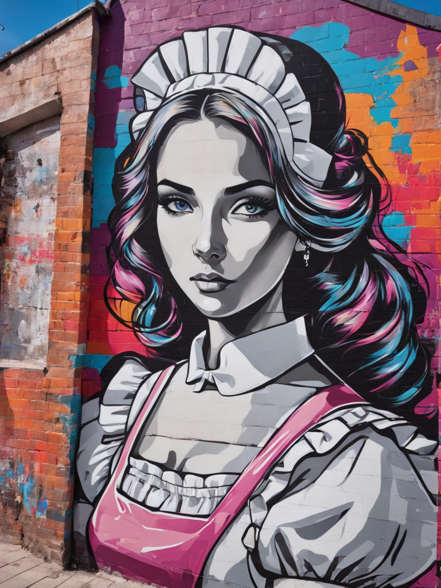 Graffiti style beautiful woman, (maid), <lora:xl_cute_maid_dress-1.0:1>,  . Street art, vibrant, urban, detailed, tag, mural