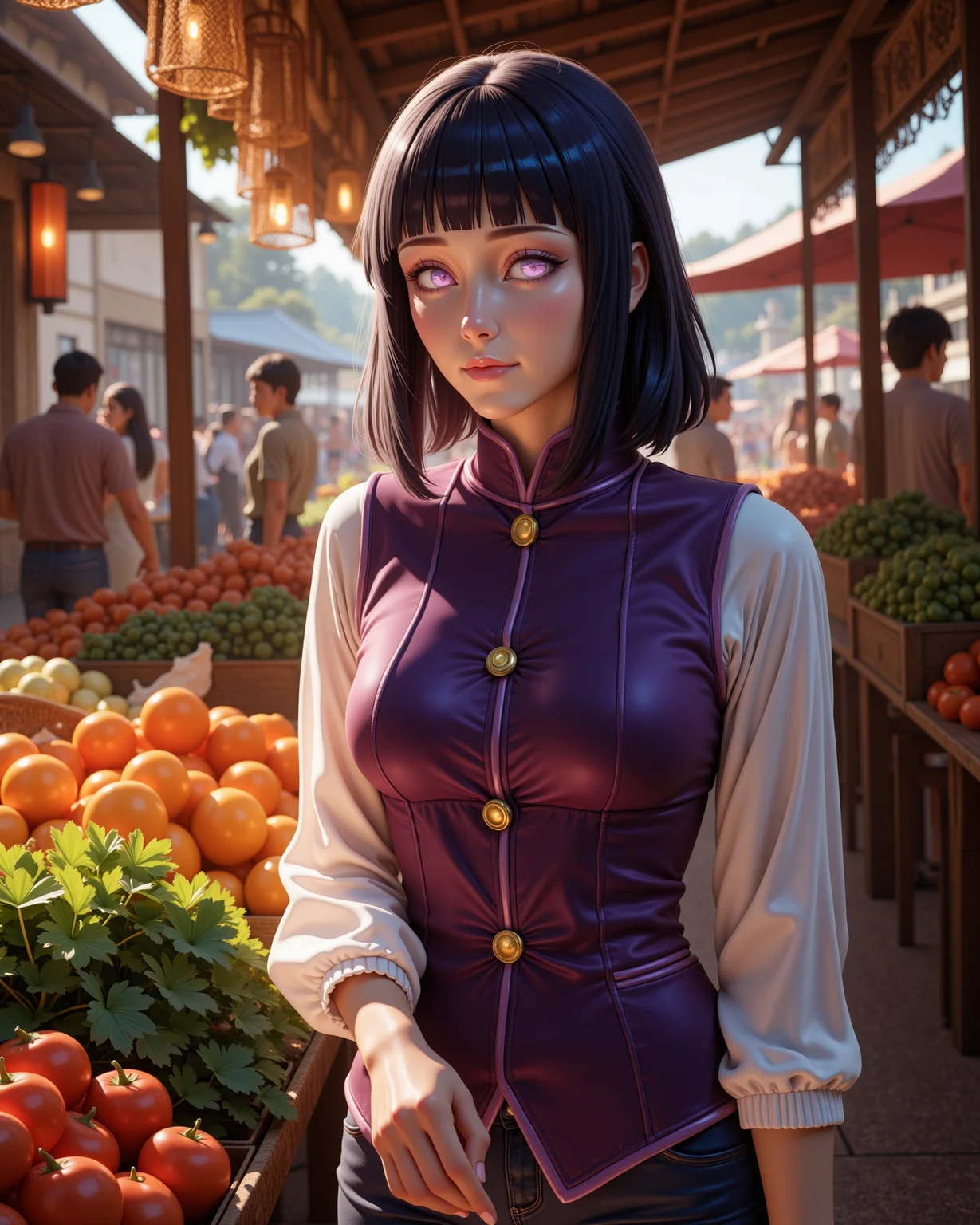 -looking at viewer, outdoors daylight, a 20 year old adult mature woman.
PhotoRealistic Style, side view photo of.
<lora:Naruto_-_Hinata_v2-000030:1> n-hinata, purple eyes, blunt bangs, black hair Velvet waistcoat vest with gold buttons and subtle shaping seams to contour the torso
A woman wanders through an open-air market, her eyes scanning the colorful stalls as she picks up fresh produce, the lively chatter of vendors and shoppers filling the air.