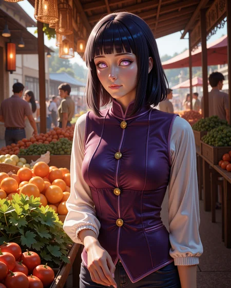 -looking at viewer, outdoors daylight, a 20 year old adult mature woman.
PhotoRealistic Style, side view photo of.
<lora:Naruto_-_Hinata_v2-000030:1> n-hinata, purple eyes, blunt bangs, black hair Velvet waistcoat vest with gold buttons and subtle shaping seams to contour the torso
A woman wanders through an open-air market, her eyes scanning the colorful stalls as she picks up fresh produce, the lively chatter of vendors and shoppers filling the air.