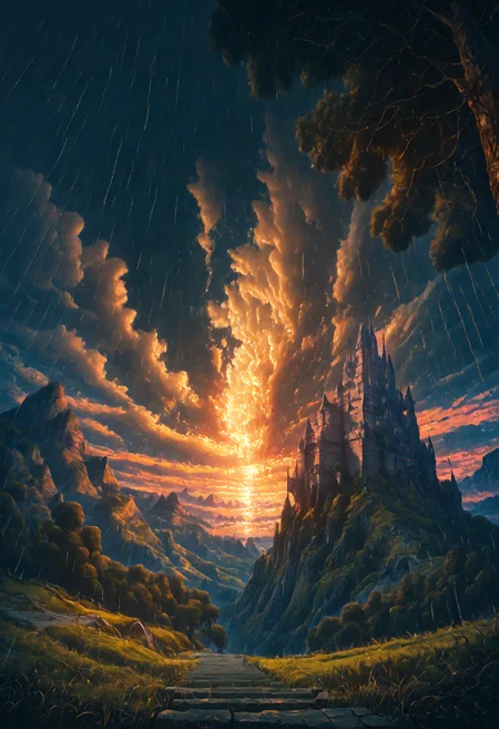 (from above:1.2), masterpiece, best quality, stbedap, depth of field, scenery, outdoors, cloud, no humans, sky, cloudy sky, castle, grass, stairs, nature, sunset, rain, tree, mountain, Fantasy, atmospheric perspective,Landscape <lora:cfg_scale_boost:0.5> <lora:Fant5yP0ny:0.5> <lora:Nature_Realistic_illustrations-_Illustrious:0.7> <lora:S1_Dramatic_Lighting_v2:0.9>