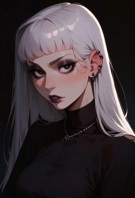 score_9, score_8_up, score_7_up, score_6_up, pretty woman, 21 year old, 1girl, very pale skin, white skin, goth girl, emo, eyeliner, eyeshadow, white hair, long hair, straight hair, black eyes, pretty face, long hair, pretty eyes, long sleeves, shirt, skirt, sexy pose