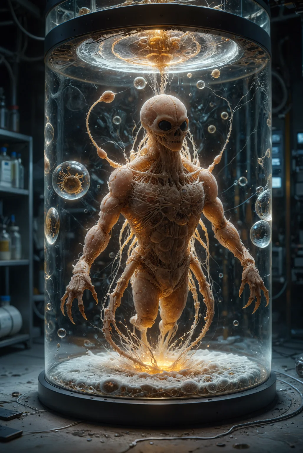 In a large glass cylinder filled with a yellowish fluid a scorpion-like abomination is being synthesized. Air bubbles rise within the fluid. In a hyper-modern sci-fi bio lab, the abomination lies prominently in the tank as bio fibers are generated and intricately connected to its skeletal and translucent parts. The synthesis process is emphasized with glowing indicators, light flashes, and a network of bio fibers weaving into the creature. The lab is filled with advanced, transparent screens displaying data. Everything flows and melds into a mesmerizing vortex of golden light, spiraling into a singularity at the center. Brilliant flashes of thoughts and ideas shoot through the scene, desperately seeking order amidst the swirling chaos. The scene is a symphony of movement and energy, with each element contributing to the overwhelming sense of otherworldly wonder.
hyperdetailed photography, masterpiece, best quality, high quality, highres, ultra-detailed, best quality, 8K, high resolution, extreme detail,
, <lora:add-detail-xl:3> <lora:dvr-cl-dvsn:0.7> dvr-cl-dvsn <lora:EpicF4nta5yXL:0.4> <lora:ral-ertmsphr:0.4> ral-ertmsphr