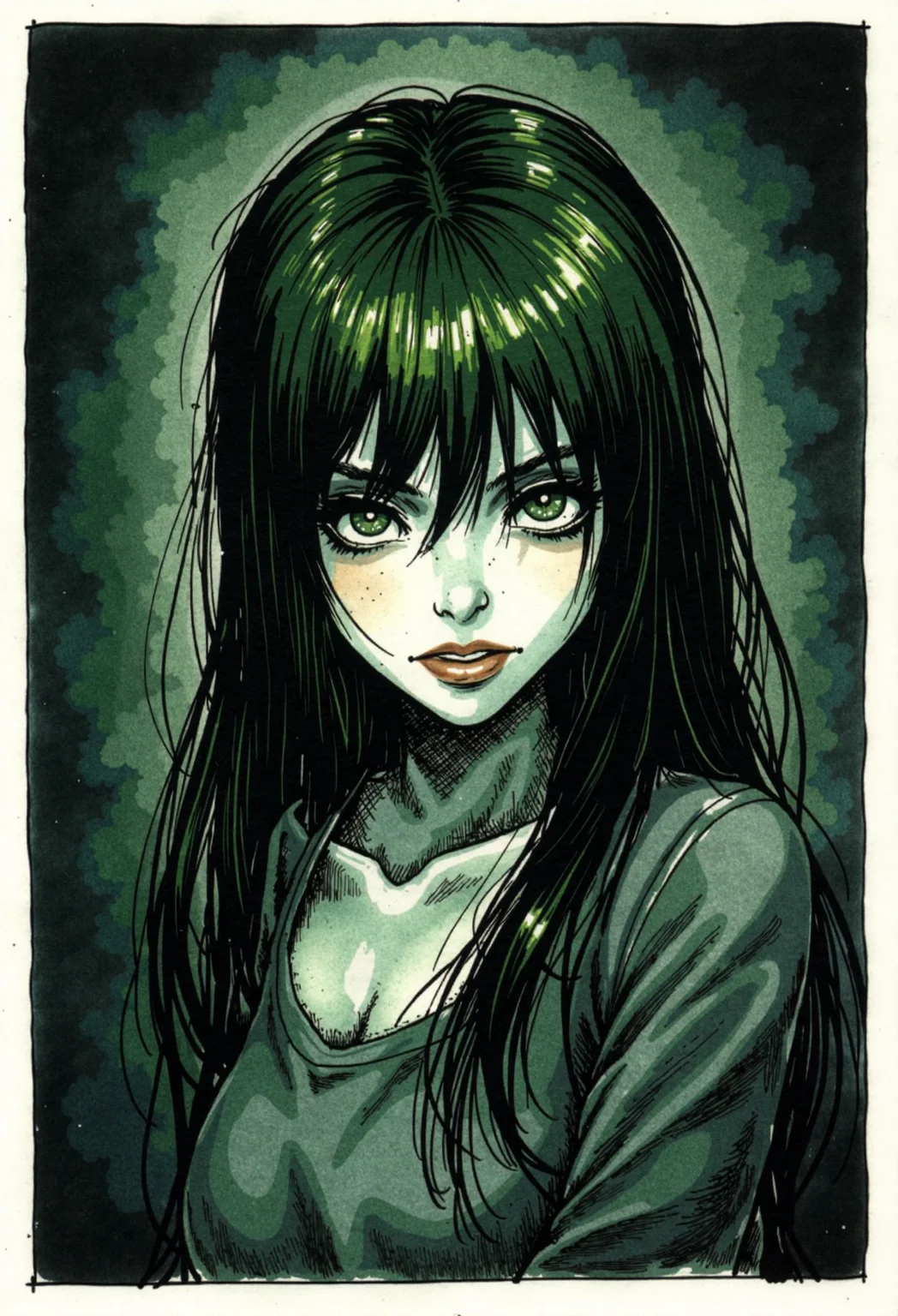 d0nkaThis image is a hand-drawn comic strip in a traditional, heavily inked style, with a dark and gritty aesthetic. The scene is framed with heavy ink lines, a dark and moody atmosphere, with deep shadows and stark contrasts. Scene depics a green haired asian woman looking at viewer with a cold stare. She has green eyes and long hair falling behind her back. <lora:FLUX\FLUX.1-Turbo-Alpha\FLUX.1-Turbo-Alpha.safetensors:1.0> <lora:MyTrainings\Temp\Donka_F1D_ARZUMATA.safetensors:1>