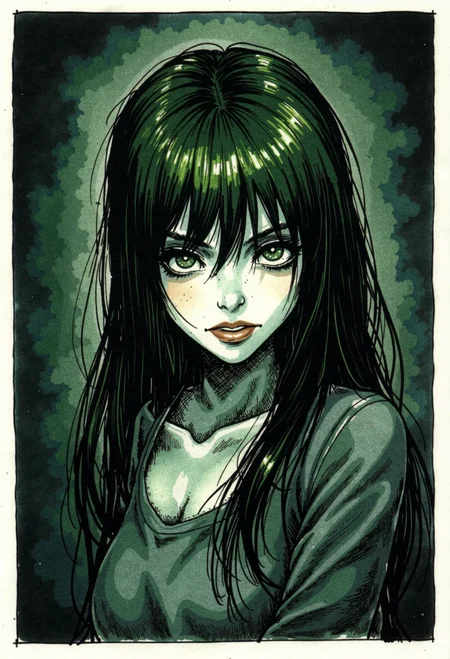 d0nkaThis image is a hand-drawn comic strip in a traditional, heavily inked style, with a dark and gritty aesthetic. The scene is framed with heavy ink lines, a dark and moody atmosphere, with deep shadows and stark contrasts. Scene depics a green haired asian woman looking at viewer with a cold stare. She has green eyes and long hair falling behind her back. <lora:FLUX\FLUX.1-Turbo-Alpha\FLUX.1-Turbo-Alpha.safetensors:1.0> <lora:MyTrainings\Temp\Donka_F1D_ARZUMATA.safetensors:1>