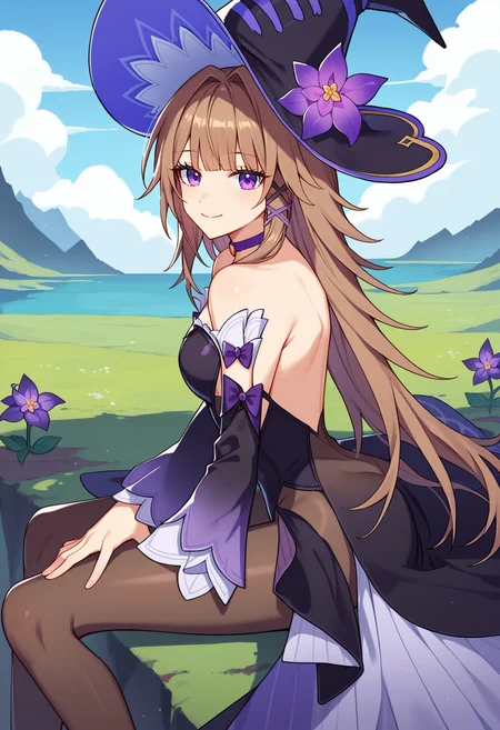 score_9, score_8_up, score_7_up, source_anime,
BREAK
1girl, solo, hsrstyle,
<lora:shiAdultHertaV1:1.0>, shibigherta, long hair, purple eyes, brown hair, purple choker, hair intakes,
witch, witch hat, hat flower, black headwear, purple flower,
black dress, long sleeves, bare shoulders, detached sleeves, sleeveless,
black pantyhose,
looking at viewer, smile,
outdoors, scenery,